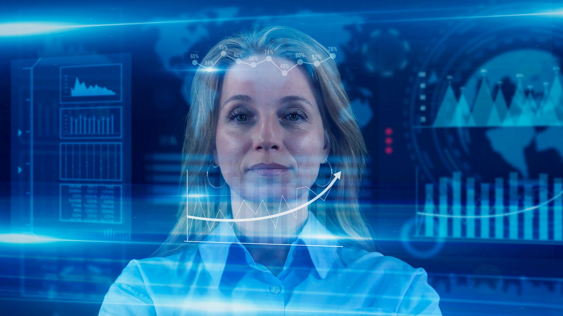 Senior Adult businesswoman watch and analyze digital business data on futuristic holographic screen. Futuristic user interface concept. Graphical User Interface. Head up Display.
